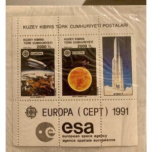 Europa CEPT 1991 ESA Turkish Cyprus Stamps Sheet 2000 TL Space Shuttle Ariane